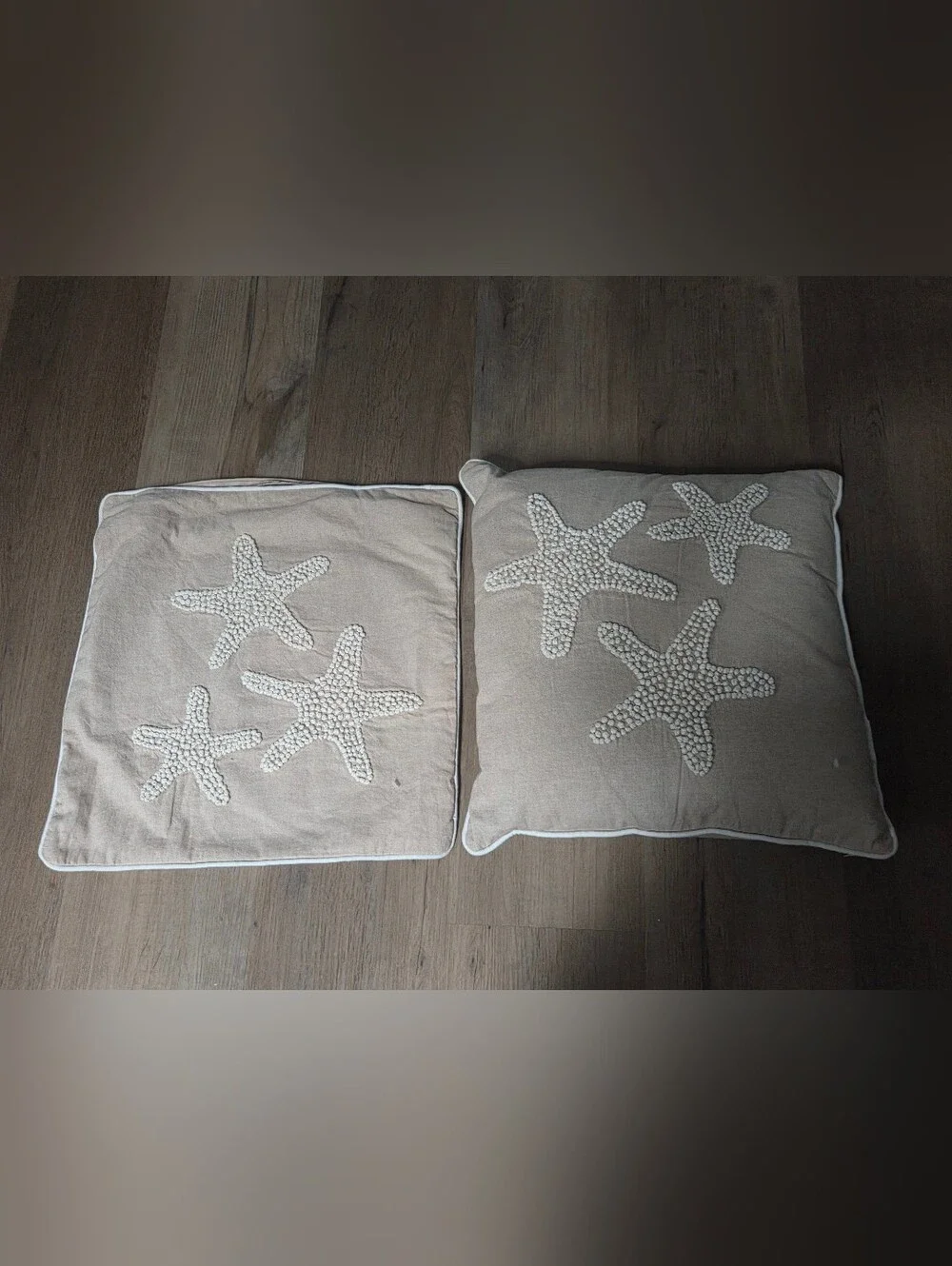 Beige Starfish Embroidered Throw Pillow Cover - Beach Cottage Coastal Grandma 1J